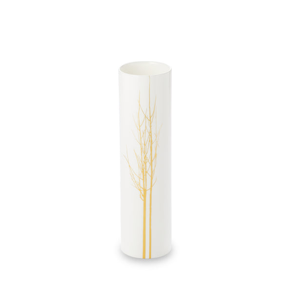 cylindrical tall white vase with gold tree decor