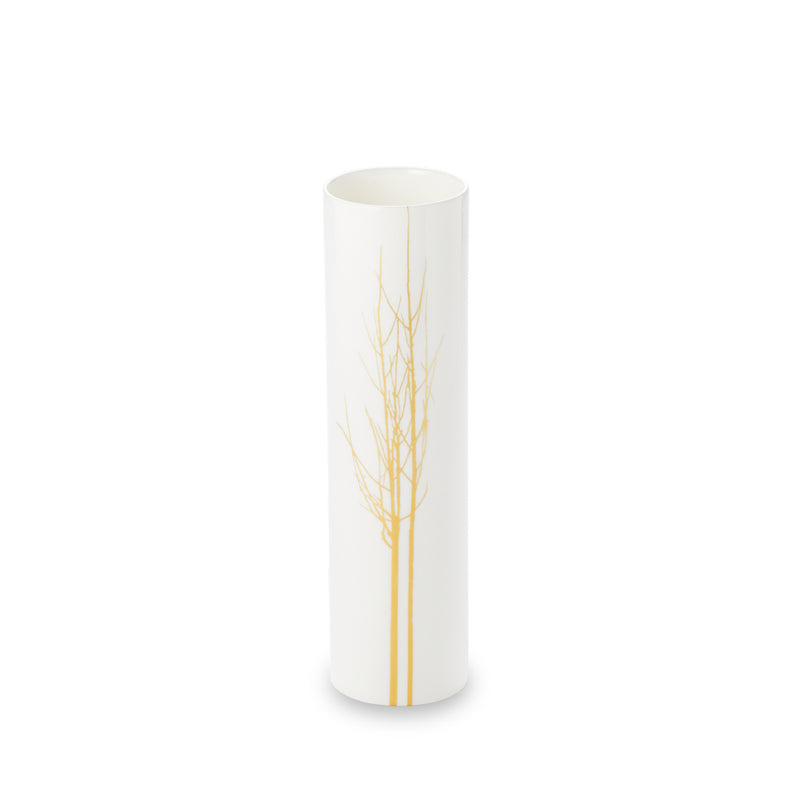 cylindrical tall white vase with gold tree decor