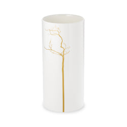 A white porcelain vase with a golden tree silhouette design that extends over the vase's rim.