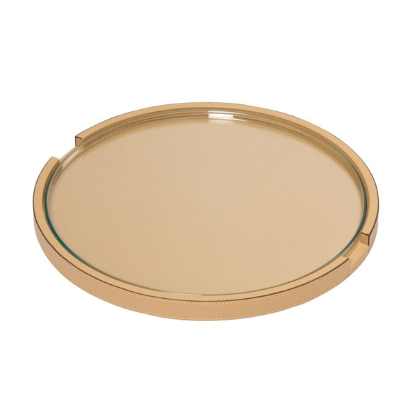 Round Gourmet serving tray in cappuccino printed calfskin deer leather by Giobagnara with removable glass top on a white background