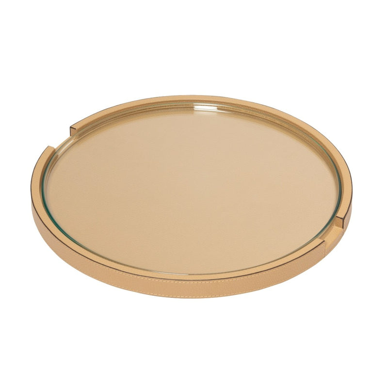 Round Gourmet serving tray in cappuccino printed calfskin deer leather by Giobagnara with removable glass top on a white background
