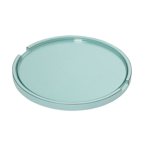 Round Gourmet serving tray in sky blue printed calfskin leather by Giobagnara with removable glass top.