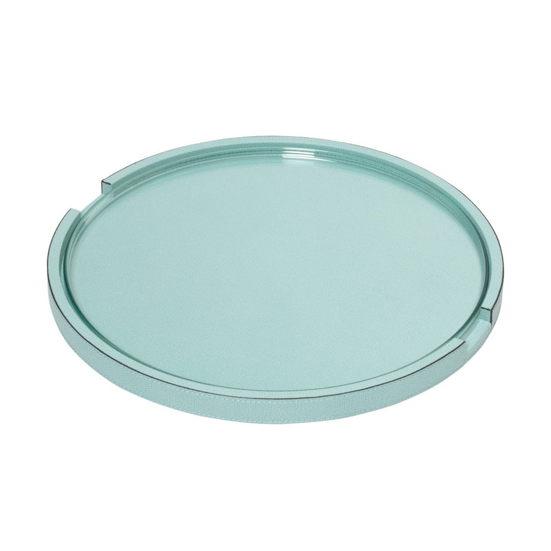 Round Gourmet serving tray in sky blue printed calfskin leather by Giobagnara with removable glass top.