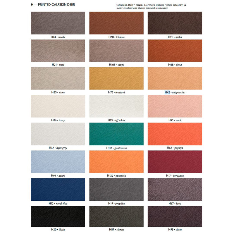 Gourmet tray color swatch chart for printed calfskin deer with various color names and codes.