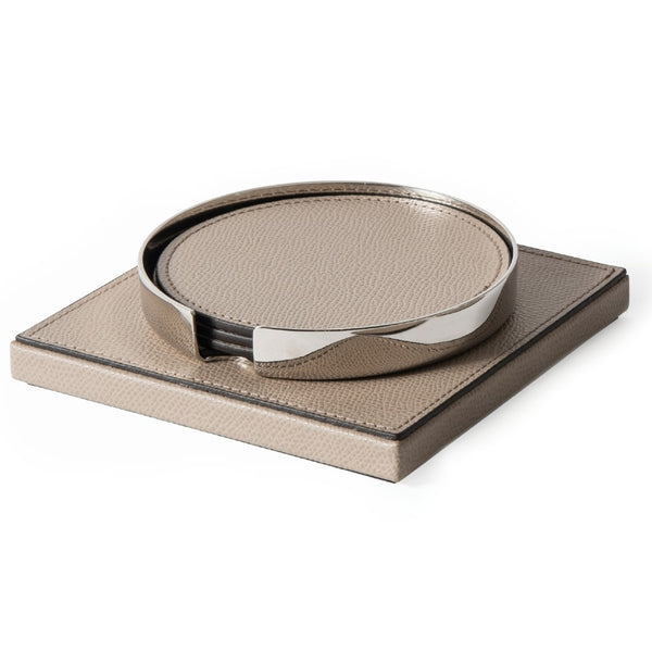 Set of grained leathercoasters Pinetti with a metallic rim on a matching tray