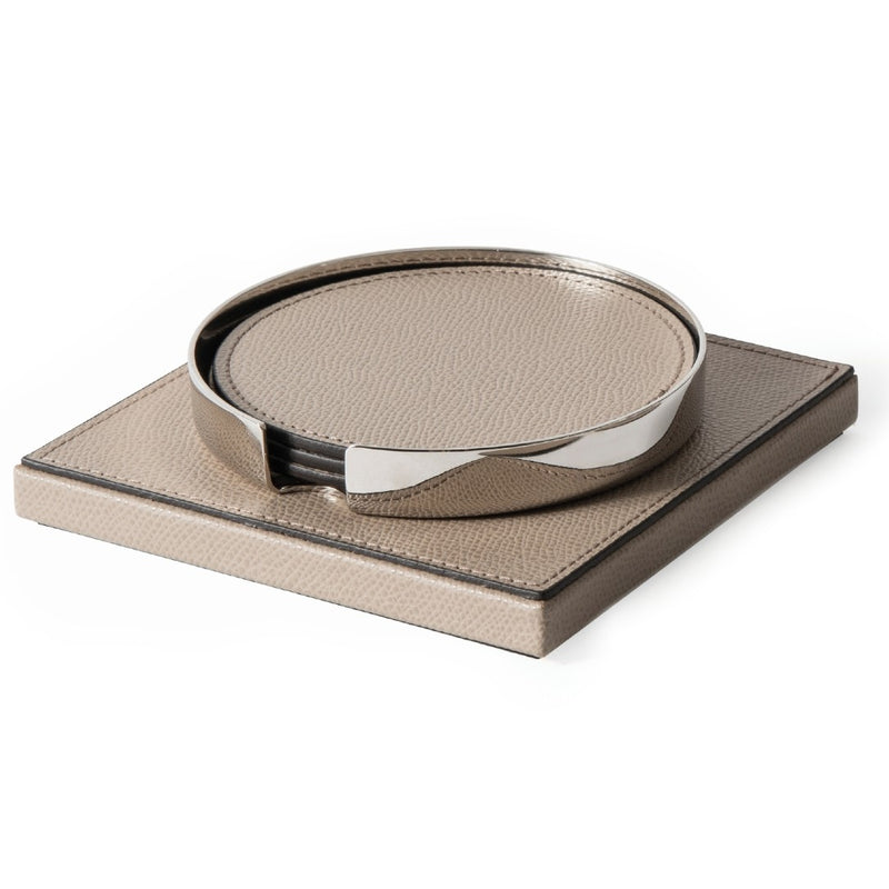 Set of grained leathercoasters Pinetti with a metallic rim on a matching tray