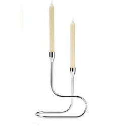A silver-plated candelabrum with two lights, designed in a modern style with curved arms and a sleek finish.