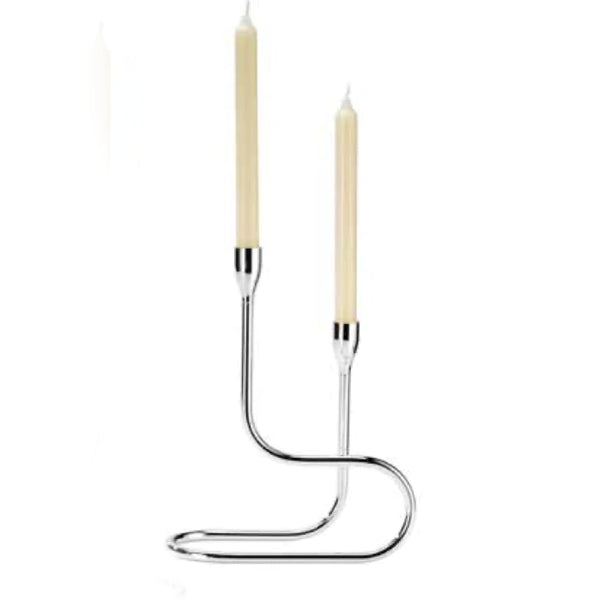 A silver-plated candelabrum with two lights, designed in a modern style with curved arms and a sleek finish.