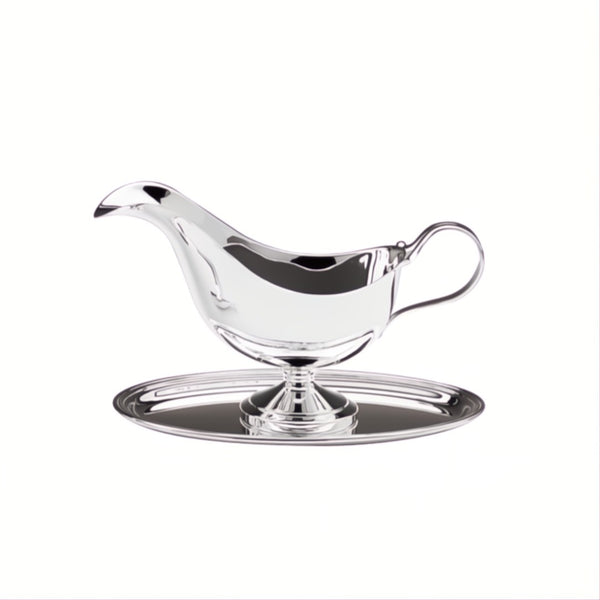 English-style silver-plated gravy sauce boat with matching plate by Greggio.