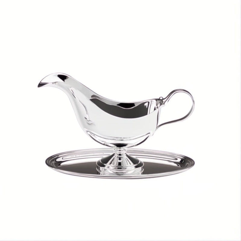 English-style silver-plated gravy sauce boat with matching plate by Greggio.