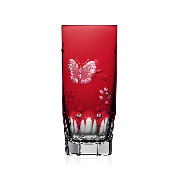 Luxury Highball Glass in Raspberry Red Crystal with Butterfly and Leaf Engraving – Springtime by Varga Crystal