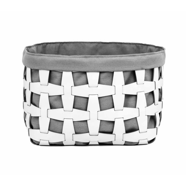 Woven basket with a gray fabric liner on a white background