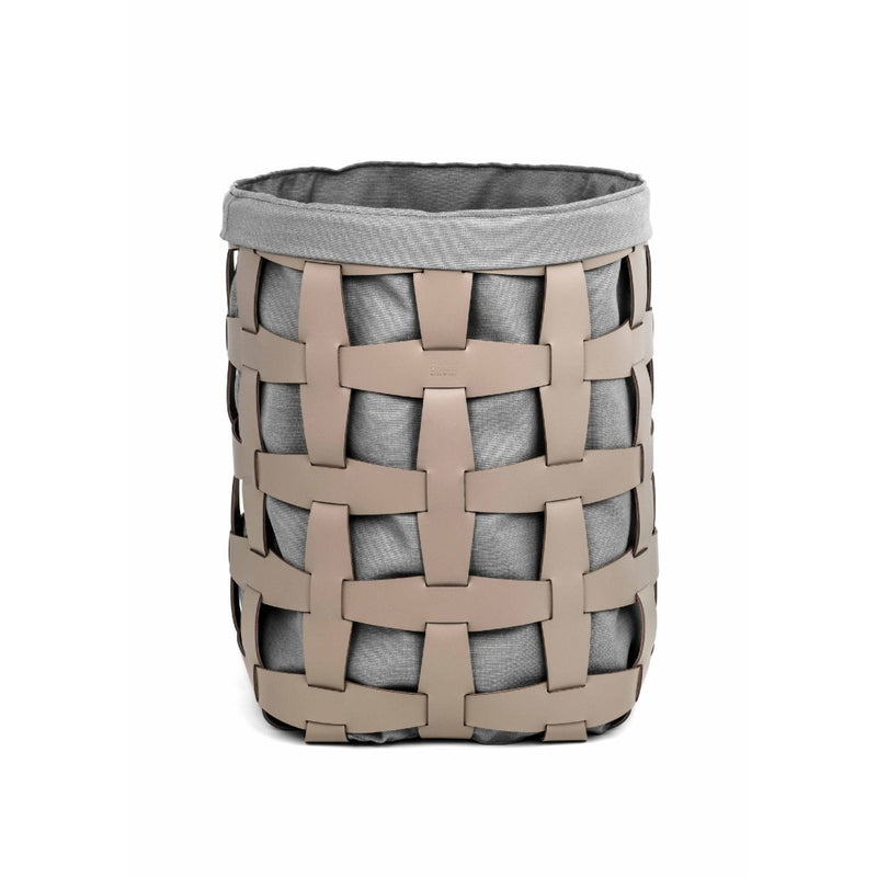Hook tall taupe regenerated leather laundry basket with grey fabric lining by Pinetti