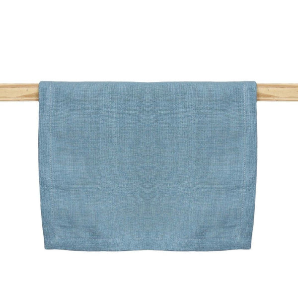 Blue runner hanging on a wooden rack against a white background