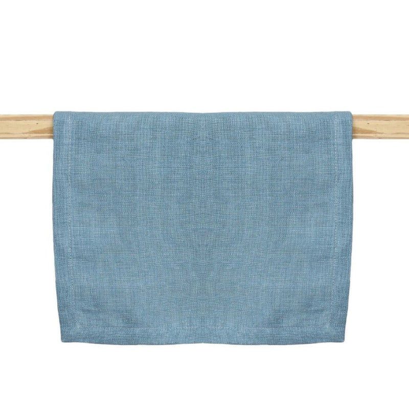 Blue runner hanging on a wooden rack against a white background