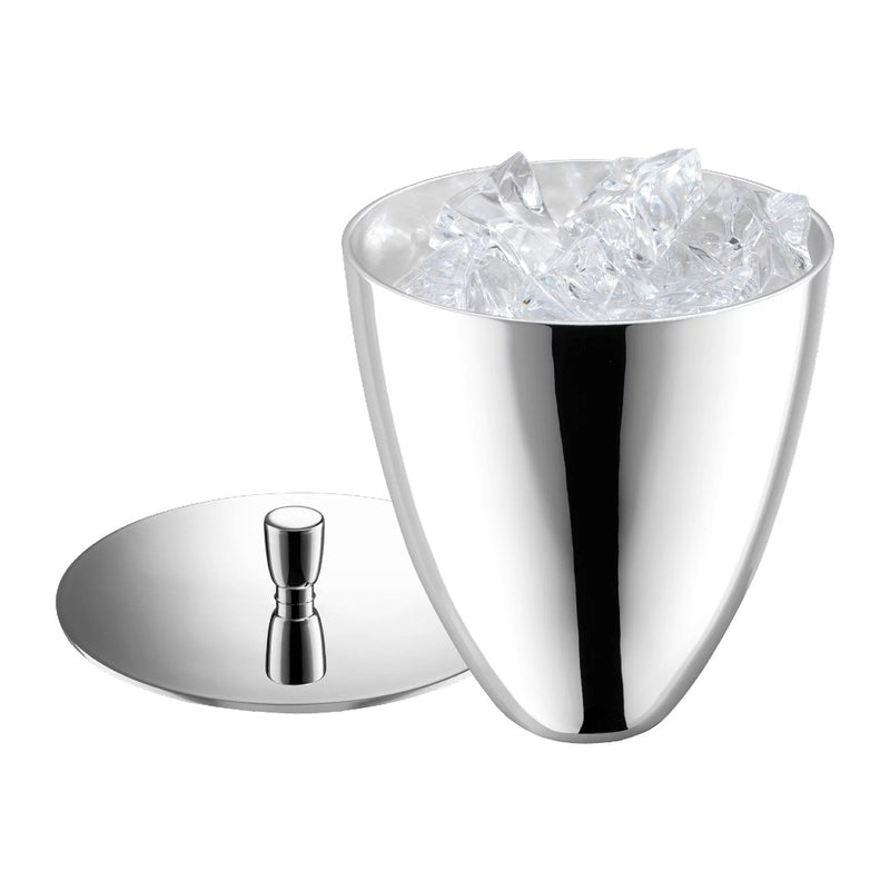 Silver-plated ice bucket with lid filled with ice cubes by Robbe & Berking