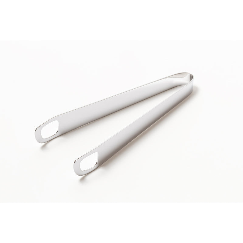 A pair of polished stainless steel ice tongs with a sleek, sculptural design, featuring flowing lines and a minimalistic aesthetic.