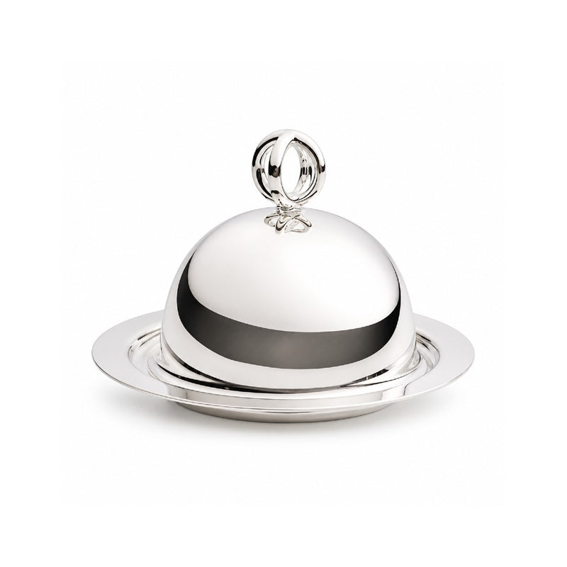 A silver butter dish with a domed lid topped by a decorative loop handle, set on a matching round silver base against a clean white background.