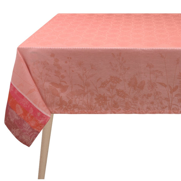 Pink floral patterned tablecloth on a white background