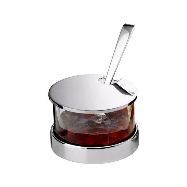 A silver-plated jam server with a lid, containing red jam, on a white background.