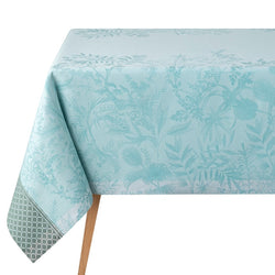 Light blue patterned tablecloth on a white background