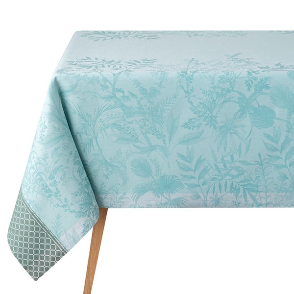 Light blue patterned tablecloth on a white background
