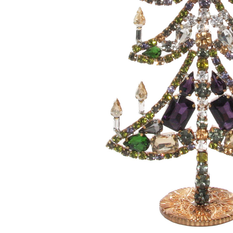 Close-up jewel Christmas tree in purple, green, and gold by Shishi, handcrafted with sparkling crystals, perfect as a luxurious festive centrepiece.