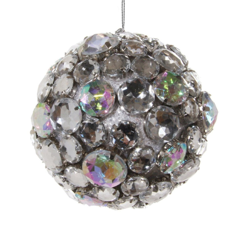 Silver jewelled Christmas ornament ball with sparkling crystals by Shishi, 10cm, luxury festive decoration.