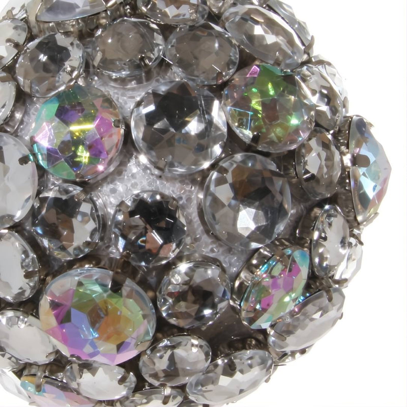 Close-up Silver jewelled Christmas ornament ball with sparkling crystals by Shishi, 10cm, luxury festive decoration.