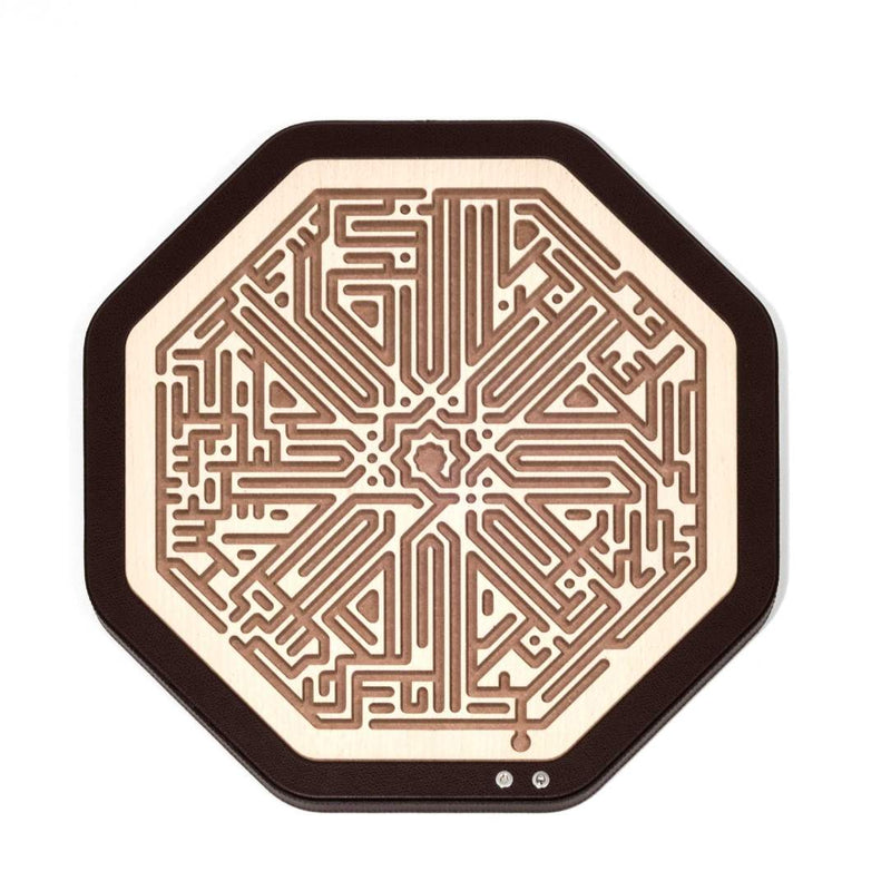 Luxury Jinn Octagonal Labyrinth in brown grained leather with veneered beech fibre panel by Pinetti