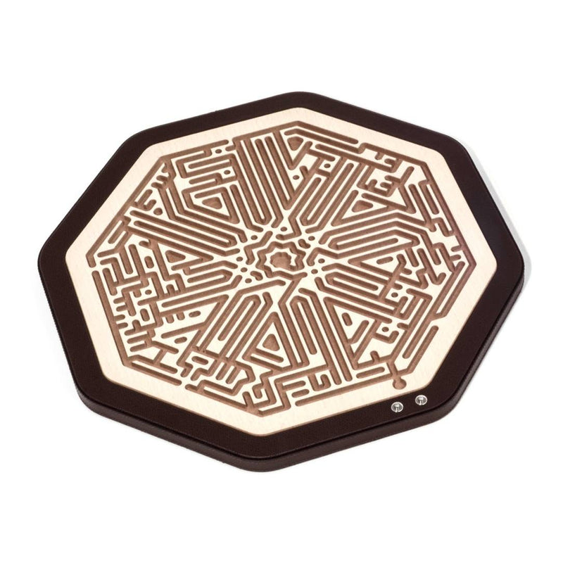 side view of the Luxury Jinn Octagonal Labyrinth in brown grained leather with veneered beech fibre panel by Pinetti