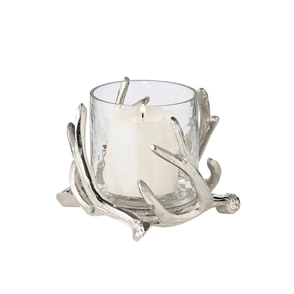 Kingston hurricane candle holder by Edzard with steel deer antlers and clear glass bowl, height 13 cm
