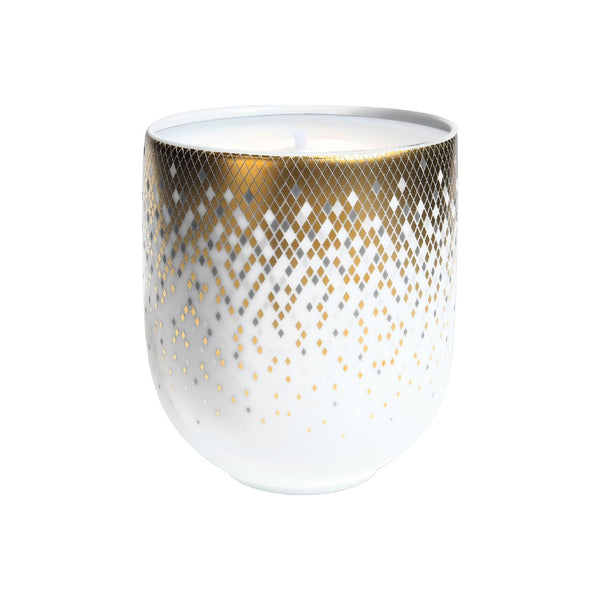 Souffle d’Or large candle pot by Haviland—Limoges porcelain with celestial gold and silver supernova-inspired design.