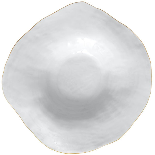 Set of 2 large deep plates white with golden rim No7 Indulge porcelain on a white background