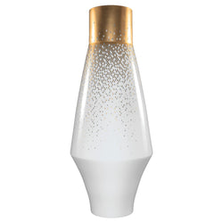 Decorative vase with gold top and white base on a white background