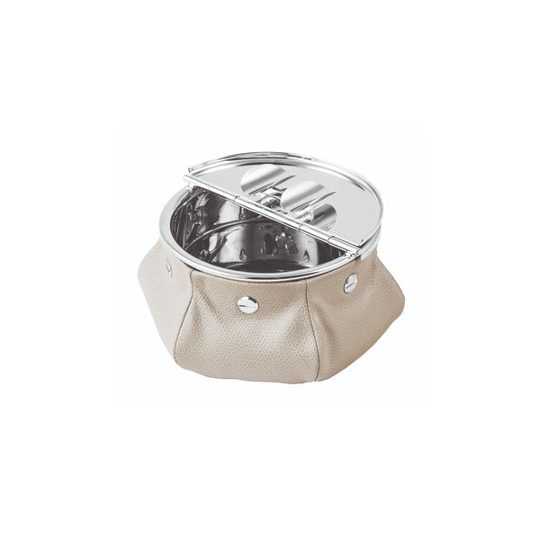 A grey 'Laurence' Bean Bag Ashtray with a brass construction and a palladium finish, securely mounted on a leather base.