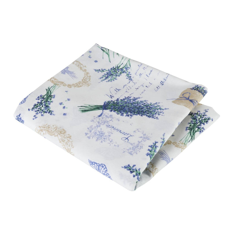 Lavender cotton tablecloth with soft purple botanical print by Roseberry Home folded