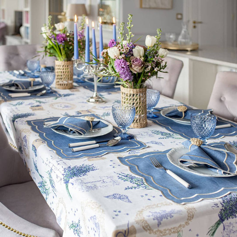 Lavender cotton tablecloth with soft purple botanical print by Roseberry Home