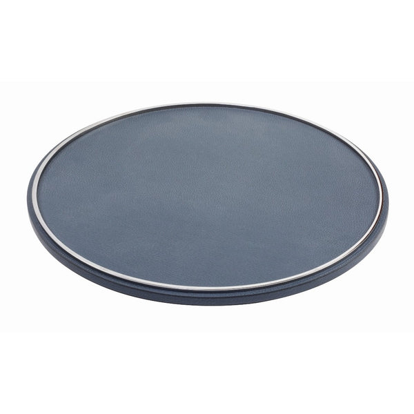 Lazy Susan Leather Tray Neptune by Giobagnara in blue leather with metal trim, luxury rotating tray.