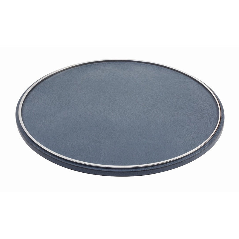 Lazy Susan Leather Tray Neptune by Giobagnara in blue leather with metal trim, luxury rotating tray.