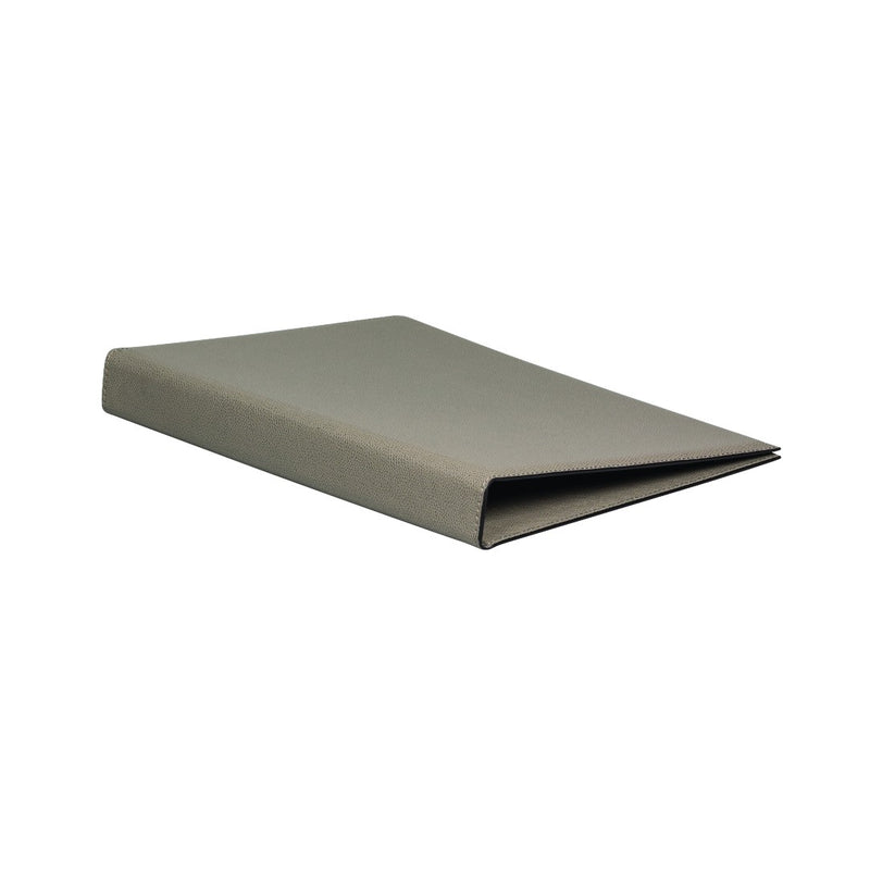 Folded Giobagnara leather 4-ring binder open flat with metal 2.5 cm rings and smooth leather cover