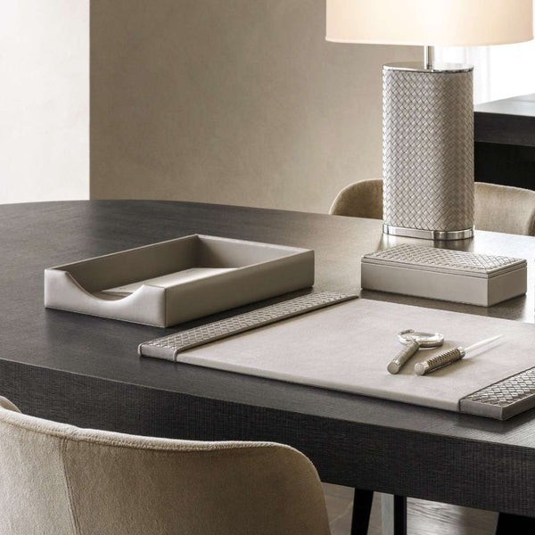 Modern desk setup with Giobagnara x Riviere Celio Diamonds A4 leather paper tray in smooth leather