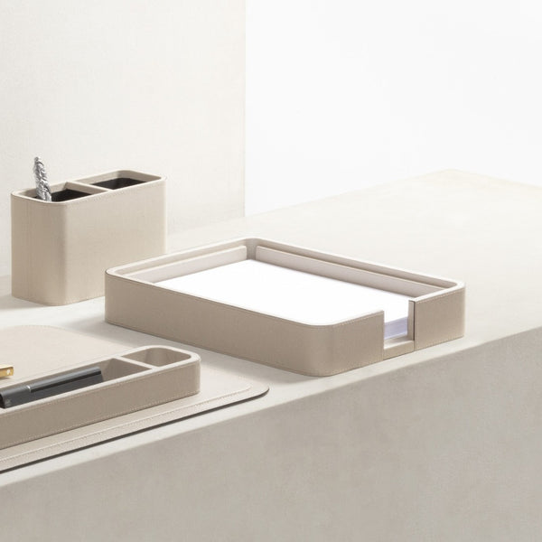 Styled desk with Giobagnara Polo A4 leather paper tray holder without lid in golf leather