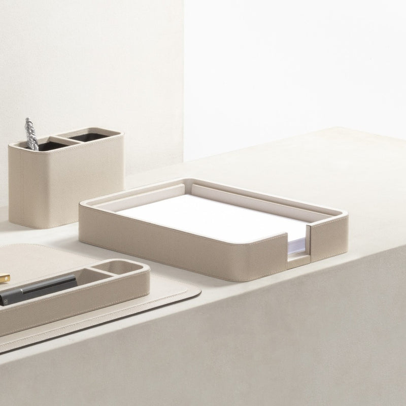 Styled desk with Giobagnara Polo A4 leather paper tray holder without lid in golf leather