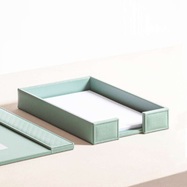 Styled light green Giobagnara x Elie Saab A4 monogram leather paper tray with padded inserts