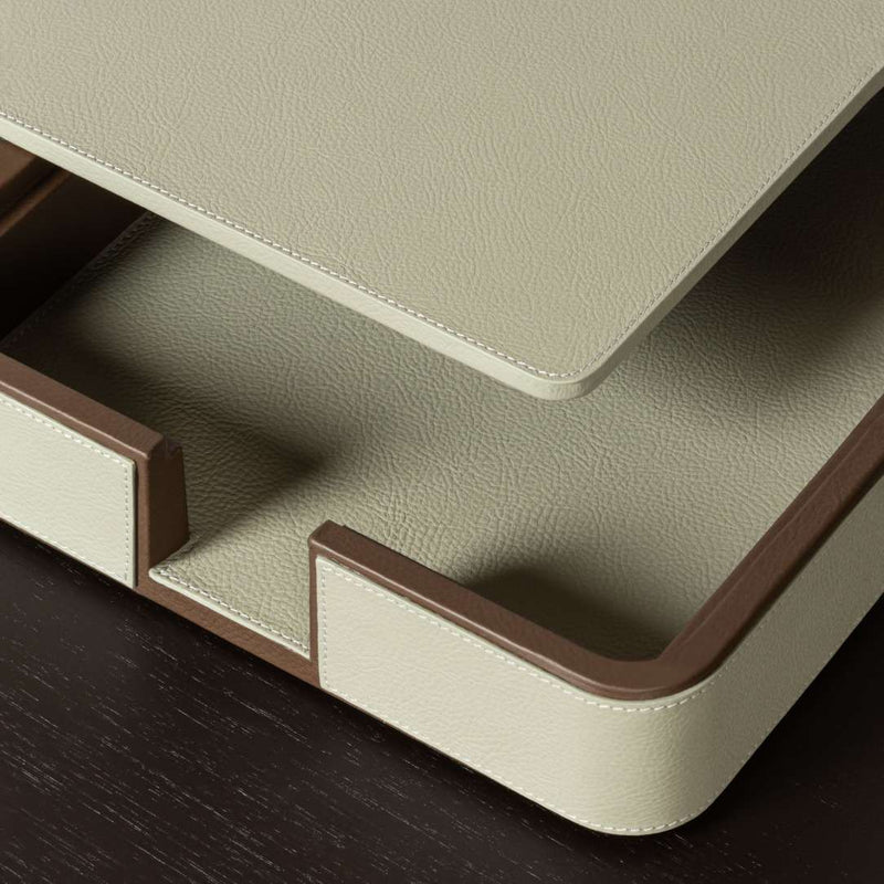 Close-up of Giobagnara x Poltrona Frau A4 leather paper tray with lid in Pelle Frau