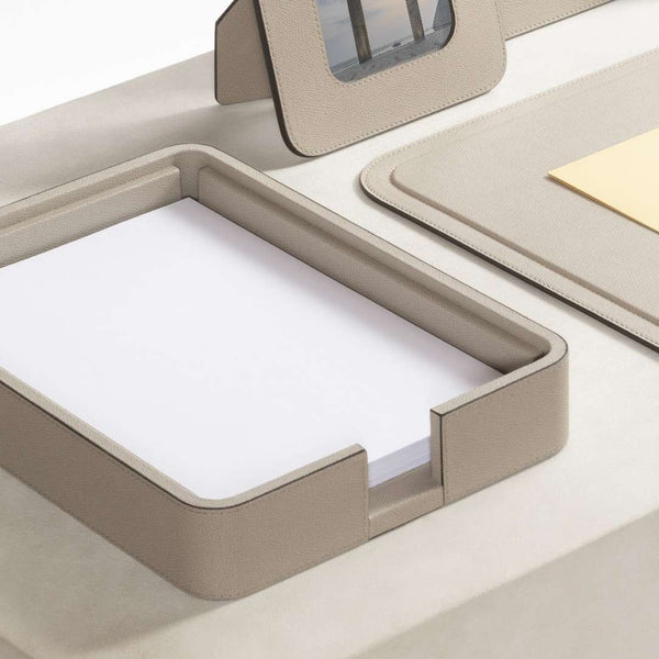 Styled desk with Giobagnara Polo A4 leather paper tray with lid in golf leather