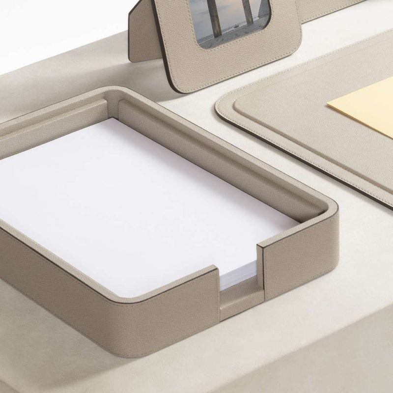 Styled desk with Giobagnara Polo A4 leather paper tray with lid in golf leather