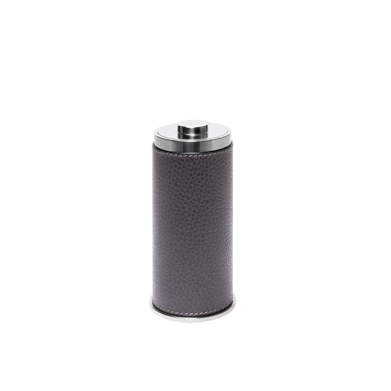 Leather Covered Toothpick Holder Otello by Giobagnara in printed calfskin graphite and stainless steel with push-button top.