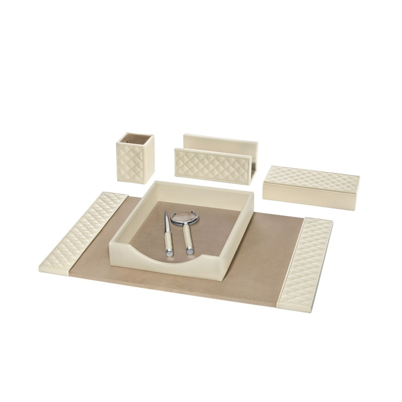 Beige leather desk set with a tray, pen holder, and coasters on a white background